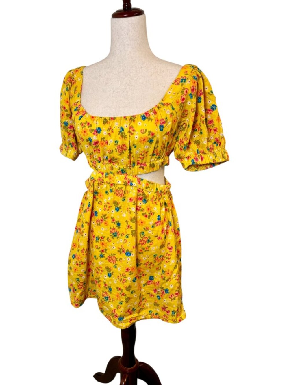 Billabong Yellow Floral Cutout Puff Sleeve Mini Dress Beach Boho Small